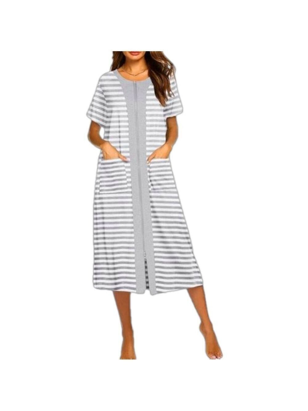Short Sleeve House Coat Zipper Front Robe Full Length Nightgown with Pockets S